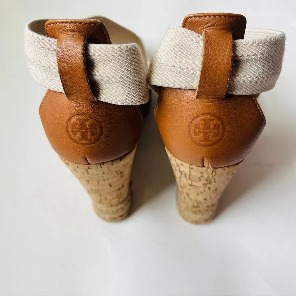 Tory Burch Kate Cream and Tan Woven Espadrille Wedge Platform Sandals